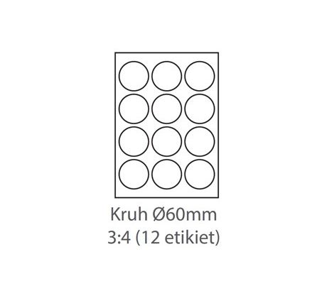 etikety samolepiace KRUH-60mm univerzálne biele 12ks/A4 (100 listov A4/bal.) (ECO-060060KR)