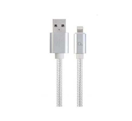 Cotton braided 8-pin cable with metal connectors, 1.8 m, silver color, blister (CCB-MUSB2B-AMLM-6-S)