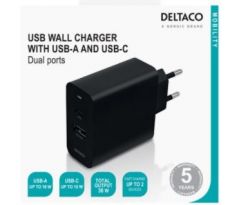 univerzálna USB nabíjačka DELTACO USBC-AC137, 1x USB Typ C/1x USB Typ A, 36W max. 3A, čierna (USBC-AC137)