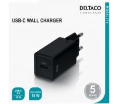 univerzálna USB nabíjačka DELTACO USBC-AC132, 1x USB Typ C, 18W max. 3A, čierna (USBC-AC132)