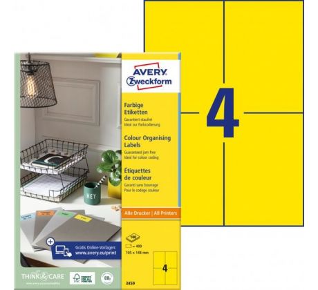 Etikety farebné 105x148mm Avery A4 100 hárkov žlté