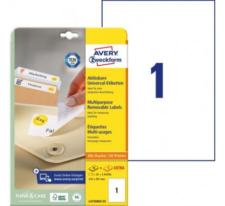 Etikety univerzálne odnímateľné 210x297mm Avery A4 25+5 hárkov