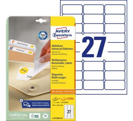 Etikety univerzálne odnímateľné 63,5x29,6mm Avery A4 25+5 hárkov