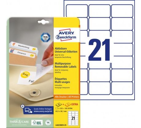 Etikety univerzálne odnímateľné 63,5x38,1mm Avery A4 25+5 hárkov