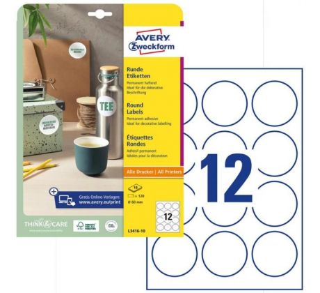 Etikety univerzálne kruhové 60mm Avery A4 10 hárkov