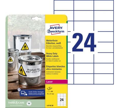 DARČEK - Etikety polyesterové veľmi odolné 70x37mm Avery A4 biele 20 hárkov  - Objednaj 1 ks a dostaneš darček 1 ks Raffaello dezert 150 g ( Platí do 30.6.2025)