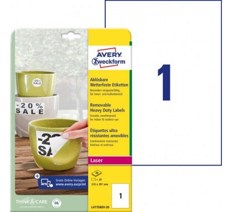 DARČEK - Etikety polyesterové veľmi odolné 210x297mm Avery A4 biele odnímateľné 20 hárkov  - Objednaj 1 ks a dostaneš darček 1 ks Raffaello dezert 150 g ( Platí do 30.6.2025)