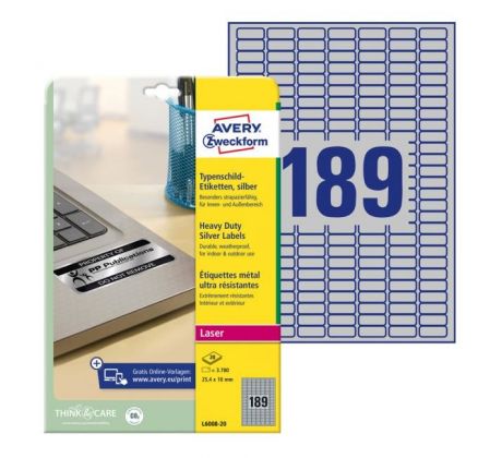 DARČEK - Etikety polyesterové veľmi odolné 25,4x10mm Avery A4 strieborné 20 hárkov  - Objednaj 1 ks a dostaneš darček 1 ks Raffaello dezert 150 g ( Platí do 30.6.2025)