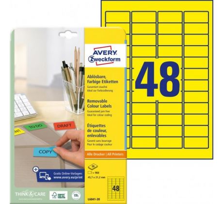 Etikety Avery odnímateľné 45,7x21,2 mm, žlté