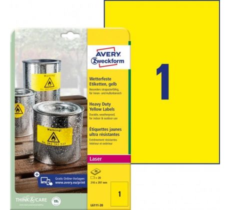 Etikety polyesterové veľmi odolné 210x297mm Avery A4 žlté 20 hárkov