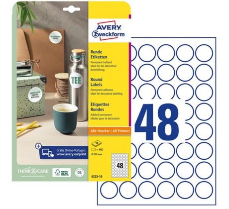 Etikety univerzálne kruhové 30mm Avery A4 10 hárkov