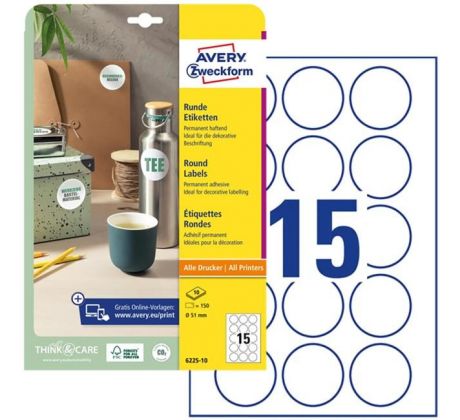Etikety univerzálne kruhové 51mm Avery A4 10 hárkov
