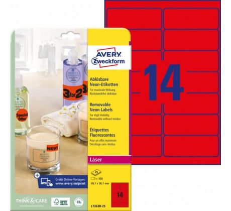 Etikety Avery odnímateľné 99,1x38,1 mm neónové červené