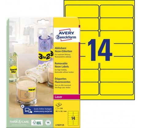 Etikety Avery odnímateľné 99,1x38,1 mm neónové žlté