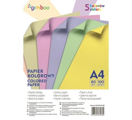 Farebný papier Gimboo A4, 100 listov, 80g, 5 pastelových farieb