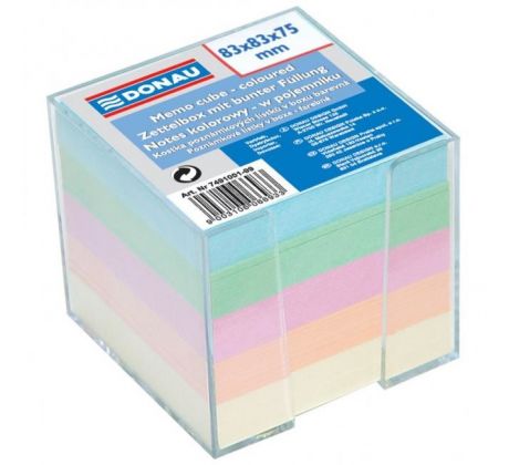 Poznámkový bloček kocka nelepená, 83x83x75 mm, pastelové farby, číra krabička