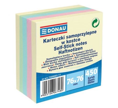 Samolepiaci bloček DONAU 5 pastelových farieb 76x76mm 450l