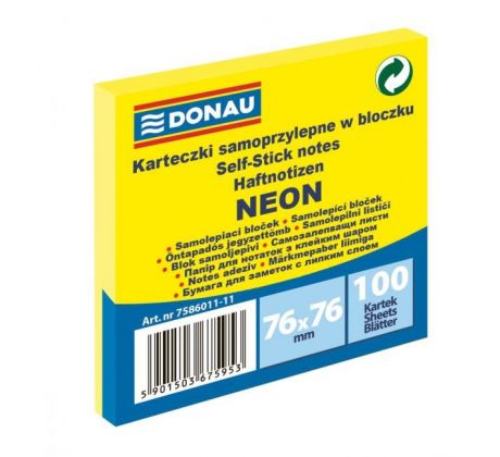 Bloček Donau neónový, 76 x 76 mm, žltý, 100 lístkov