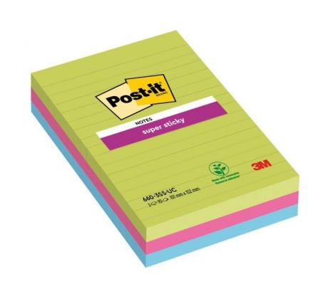 Samolepiaci bloček Post-it Super Sticky 101 mm x 152 mm XXL, dúhové farby, linajkové, 3 bločky po 90 lístkov