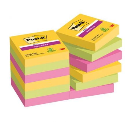 Samolepiaci bloček Post-it Super Sticky CARNIVAL, veľkosť 47,6 x 47,6 mm, 12 bločkov po 90 lístkov