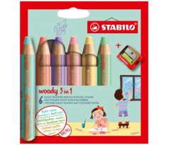 Farbičky STABILO woody 3 in 1 Pastel 6 ks Sada v kartónovom obale so strúhadlom