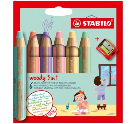 Farbičky STABILO woody 3 in 1 Pastel 6 ks Sada v kartónovom obale so strúhadlom