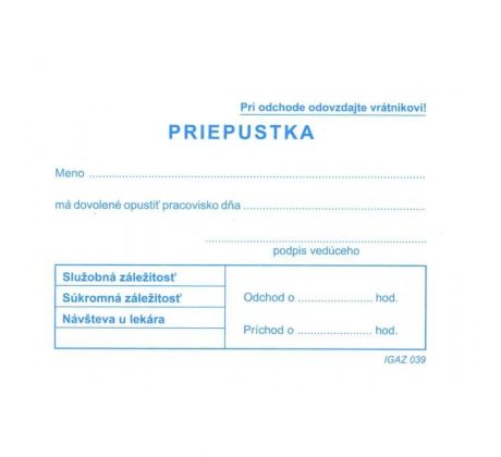Tlačivo Priepustka A7, 100 listov