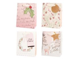 Vianočná papierová taška 260x320mm textilné ušká vo farbe tašky mix 4 ružových motívov bez možnosti výberu