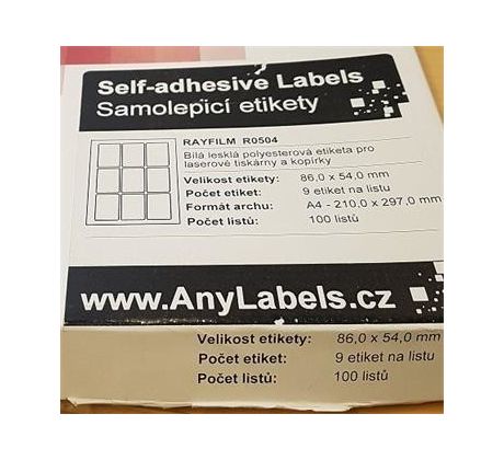 etikety RAYFILM 86x54 polyesterové lesklé biele laser R050486x54A-LCUT (100 list./A4) (R0504.86x54A-LCUTA4)