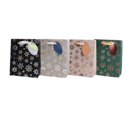 Vianočná papierová taška 115x145mm textilné ušká vo farbe tašky mix 4 metalických motívov bez možnosti výberu