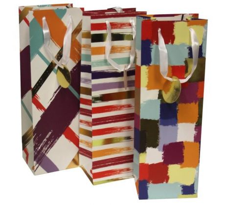 Papierová taška na víno 120x360x90mm textilné ušká vo farbe tašky mix 3 farebných motívov bez možnosti výberu