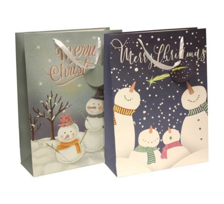 Vianočná papierová taška 310x420x120mm textilné ušká vo farbe tašky mix 2 motívov Snehuliaci bez možnosti výberu
