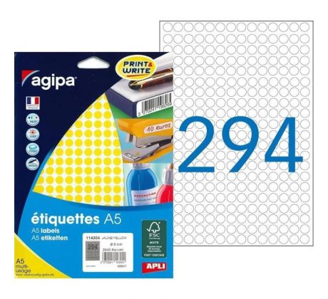 Etikety kruhové 8mm Agipa A5 žlté