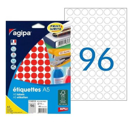 Etikety kruhové 15mm Agipa A5 červené