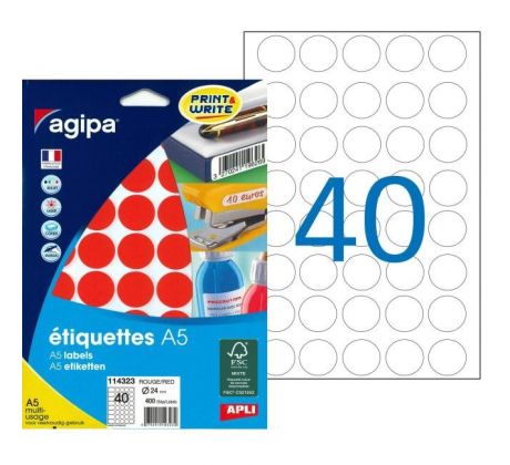 Etikety kruhové 24mm Agipa A5 červené