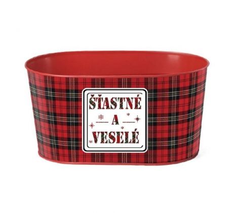 Kvetináč plechový 225x110 mm oválny, `Šťastné a veselé`, červená, čierna, zelená
