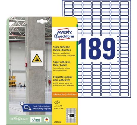 Etikety univerzálne 25,4x10mm Avery A4, silne lepivé 20 hárkov