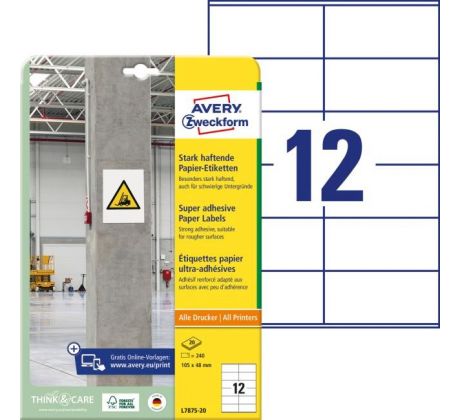 Etikety univerzálne 105x48mm Avery A4, silne lepivé 20 hárkov
