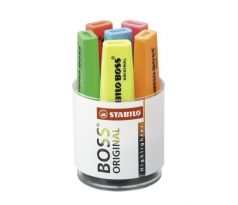 Sada zvýrazňovačov STABILO BOSS ORIGINAL 6 ks sklenná dóza žltá, zelená, oranžová, červená, ružová, modrá